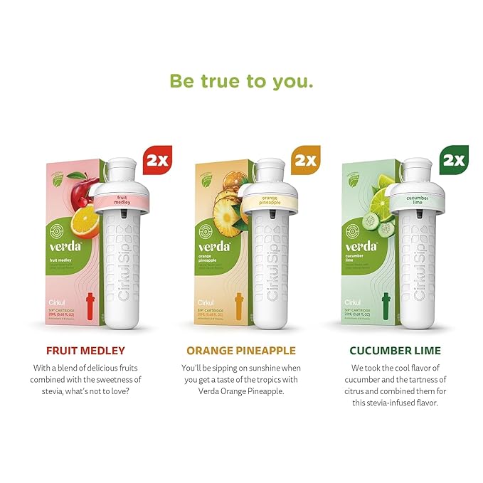 Cirkul Verda Flavor Cartridge Variety Pack with Antioxidants, Stevia, and Vitamin B, 6-Pack (2 Orange Pineapple, 2 Fruit Medley, 2 Cucumber Lime), No Sugar, Zero Calorie Drink Mix