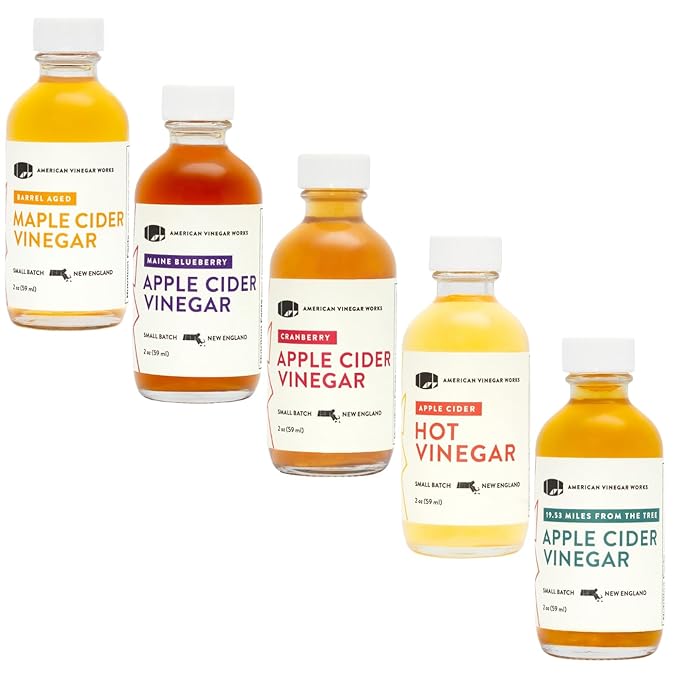 American Vinegar Works - Apple Cider Vinegar Sampler Pack - Includes Apple, Cranberry Apple, Hot Apple, Wild Blueberry, and Maple Cider Vinegars - Great for Gifts - 2oz Bottles - 5 Pack