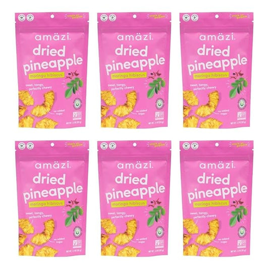 Am채zi Foods | Dried Pineapple - Moringa Hibiscus (6 Pack) | All Natural Snacks | No Sugar Added Dried Pineapple | Dehydrated Fruit