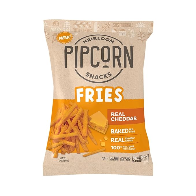 Heirloom Baked Cheddar Fries by Pipcorn - 5oz 6pk - Healthy Snacks, Gluten Free Snacks, Non-GMO, Upcycled Heirloom Corn Flour, Vegan, Baked Not Fried Snacks
