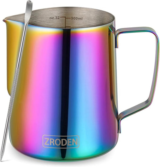 Milk Frothing Pitcher, 32oz Espresso Steaming Pitchers Stainless Steel Cappuccino Coffee Machine Accessories Barista Tools Steam Froth Pitchers Milk Jug Cup with Decorating Pen Latte Art, Rainbow