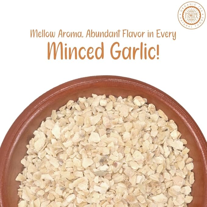 Pride of India ??Garlic Minced ??Gourmet Seasoning ??Ideal for Dips/Sauces/Bread/Salad/Stir-Fries ??Ideal Pantry Condiments ??Easy to Use ??1.9 oz. Small Dual Sifter Bottle