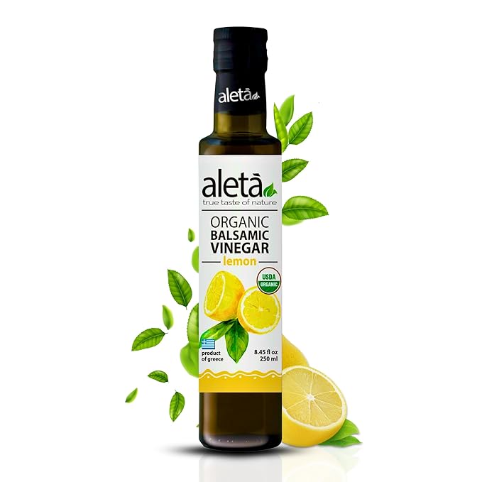 Aleta Farms Balsamic Vinegar, Premium Quality Lemon Infused Balsamic Glaze, USDA Organic, Perfect for Salad Dressings, Pasta, Desserts & Finishing Touches, Made in Greece, 8.45 fl oz (Lemon)