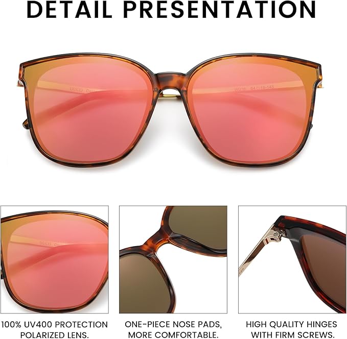 DUCO Oversized Polarized Sunglasses Womens Trendy Mirrored Shades Retro Round Vintage Light Weight UV400 Sun Glasses W016