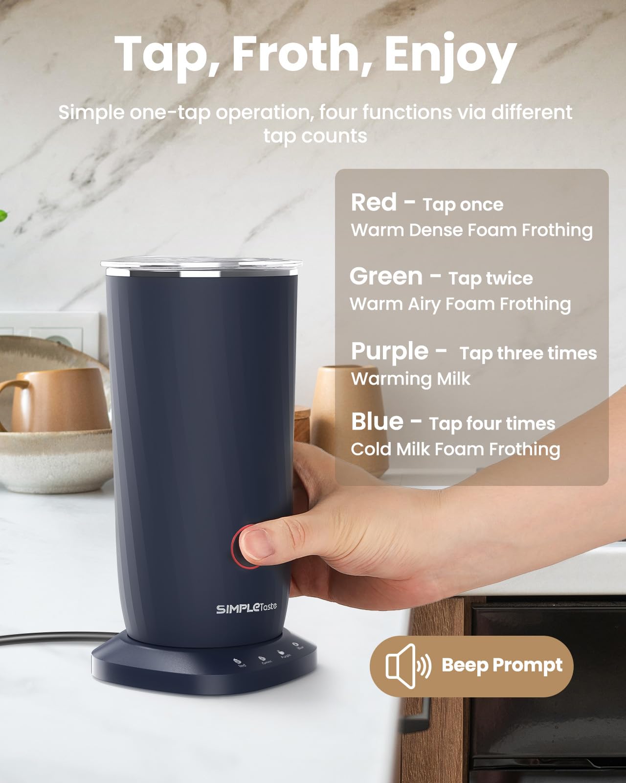 SIMPLETASTE Milk Frother, 4-in-1 Electric Automatic Milk Steamer, Dark Blue