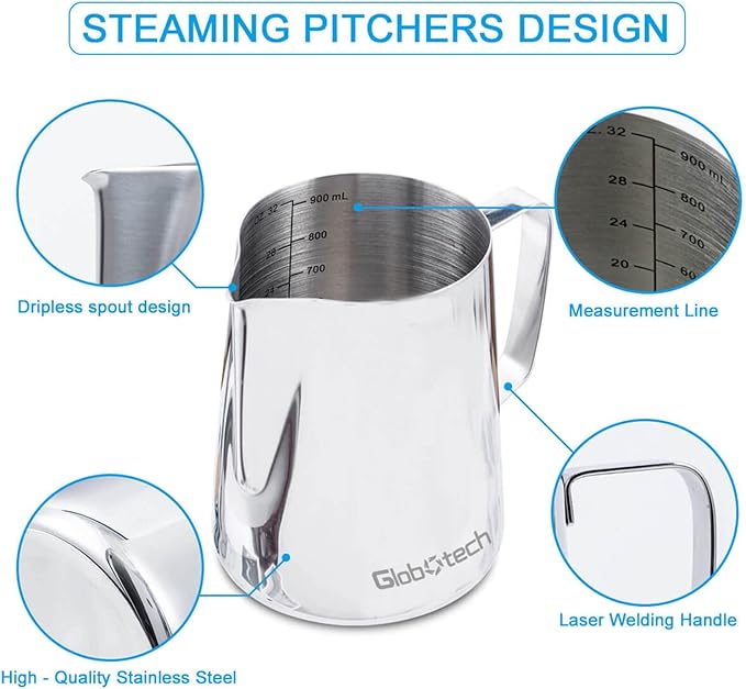 Espresso Steaming Pitcher Milk Frothing-Cup - Stainless Steel Cappuccino Coffee Steamer Jug Matcha Chai Hot Chocolate Cup 32 Oz (900ml)