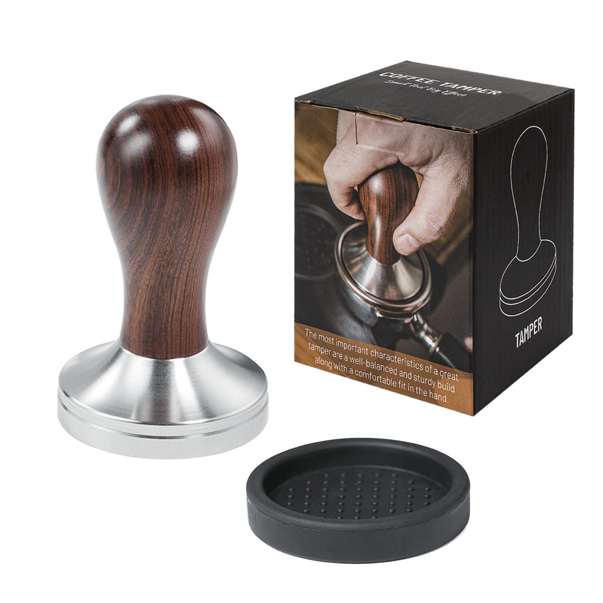 USEAMIE Coffee Tamper Espresso Press with Tamper Mat 304 Stainless Steel Flat Base Wooden Handle