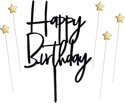 ZHENGYE Set of 1 Black Acrylic Happy Birthday Cake Topper And 5 Pieces Gold Flat Star-Shaped Cupcake Topper Cake Decoration Supplies for Baby Shower Birthday Decorations(Black 18)