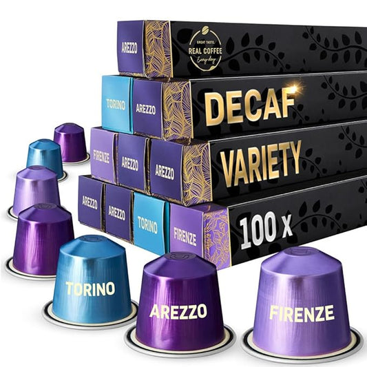 Discover 3 Unique Decaf Coffees | 100 Capsules Compatible with Nespresso | Firenze: Bold with a Rich Crema | Arezzo: Authentic Medium Roast | Torino: Smooth and Balanced.