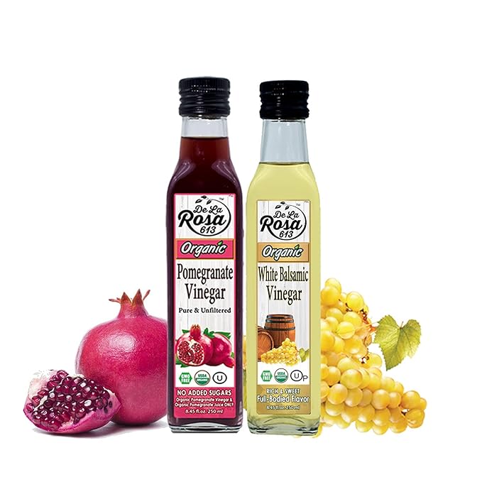 De La Rosa Organic Pomegranate and White Balsamic Vinegar, Vegan, Kosher, Non-GMO & Gluten Free, Great for Salad Dressings, Marinades & More, 8.45 Oz (Pack of 2)