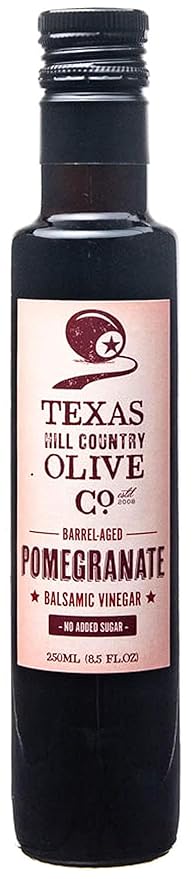 Pomegranate Balsamic Vinegar - Gourmet Barrel Aged Infused Balsamic Vinegar - Great for Dressing Dipping Glazing - No Artificial Flavors or Added Sugar - Made in Texas (8.5 oz)
