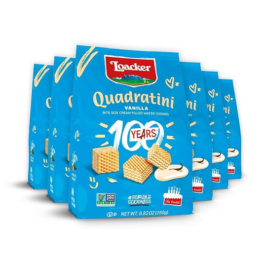 Loacker Quadratini Vanilla Wafer Cookies LARGE - 30% Less Sugar - Premium Crispy Bite Size Wafers - NON-GMO - LARGE Pack of 6