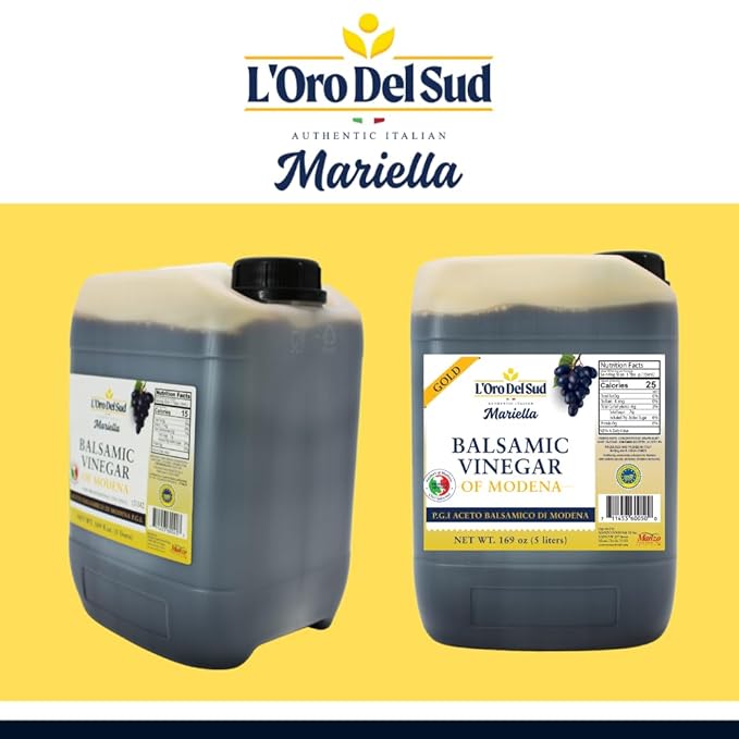L'Oro Del Sud Ultra Premium,"Gold Label" 8 year Aged Balsamic Vinegar of Modena, IGP Certified, Mariella, Make your own Glaze, Product of Italy, Bulk Packaging Refill, New Pack, 5 Liters (169 oz)