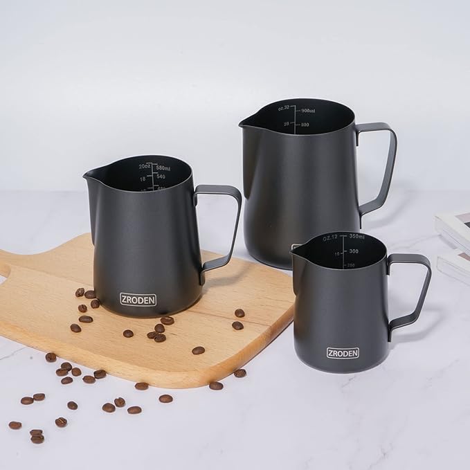 Milk Frothing Pitcher, 12oz Espresso Steaming Pitchers Stainless Steel Cappuccino Coffee Machine Accessories Barista Tools Steam Froth Pitchers Milk Jug Cup with Decorating Pen Latte Art, Matte Black