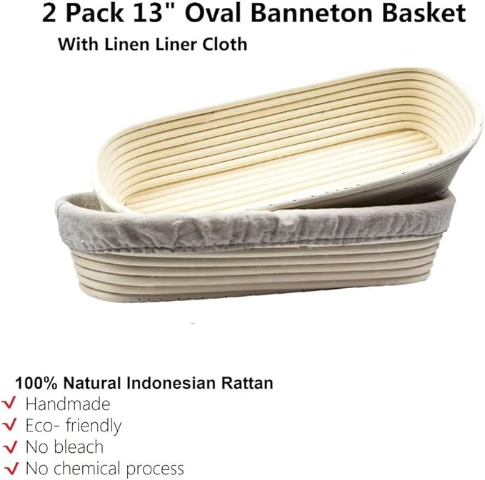 2 Pack 13 Inch Oval Bread Proofing Basket,Banneton Basket Bread Baking Bowl with Linen Liner Cloth, for Professional & Home Bakers Baking