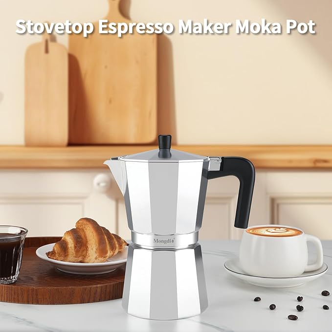 Mongdio Stovetop Espresso Maker Moka Pot, Stove Top Cuban Coffee Maker, Italian Greca Mocha Pot, 9 Espresso Cups, 15 oz - Silver