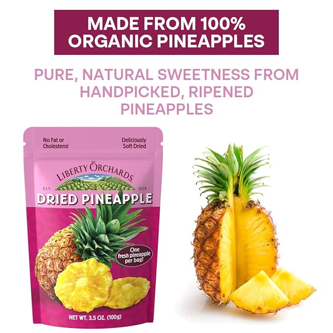 Liberty Orchard Organic Whole Dried Pineapple - Deliciously Sweet Dried Fruit Snack Packed with Fiber & Vitamins Vitamins - Healthy Snack Ideal for Smoothies, Salads, & Baking - 5 Pack