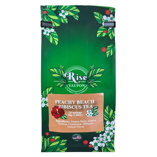 Rise Yaupon Peachy Beach Hibiscus Yaupon Holly Tea, 20 Tea Bags, 1.06 oz, Caffeinated Yaupon Holly with Hibiscus, Lemon Verbena, Chamomile and Natural Peach Flavor