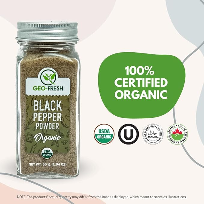 Geo-Fresh Organic Black Pepper Powder ??1.94 oz Glass Jar ??Black Pepper Ground ??USDA Certified ??Non-GMO, Kosher, Gluten-Free ??Premium Quality and Organic for Cooking & Seasoning