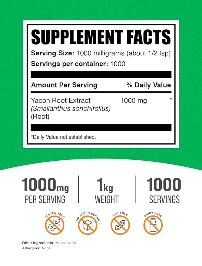 BulkSupplements.com Yacon Root Extract Powder - Natural Sweetener, Yacon Root Powder - Traditional Supplement, Gluten Free, 1g per Serving, 1kg (2.2 lbs) (Pack of 1)