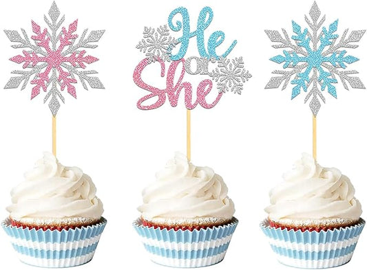 24PCS Snowflake He or She Cupcake Toppers for Gender Reveal Decorations, Frozen Snowflake Boy or Girl Cake Topper for Winter Baby Shower Decorations (B/G)