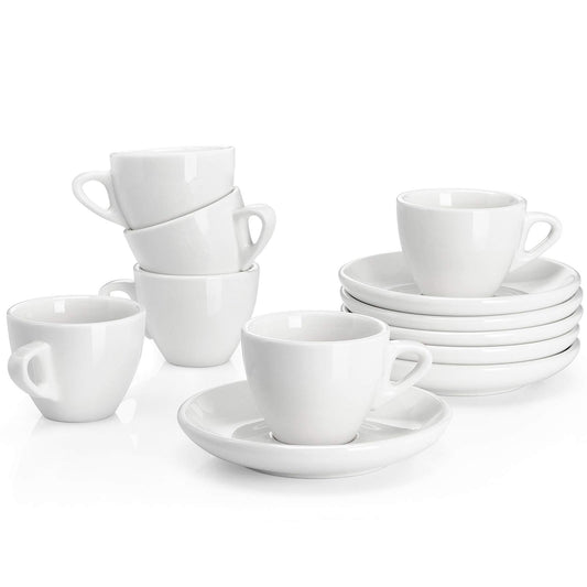 Sweese Porcelain Cup & Saucer Set – Set of 6, 2 oz, White