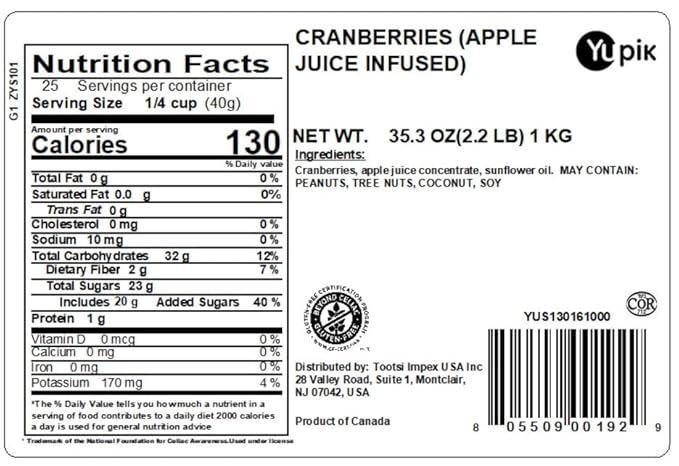 Yupik Cranberries Apple Juice Infused, 2.2 lb, Gluten-Free, Kosher, Vegan, Dried Fruits, No Added Sugar, Plump & Chewy, Source of Fiber, Healthy Snacks, Ideal for Baking & Topping