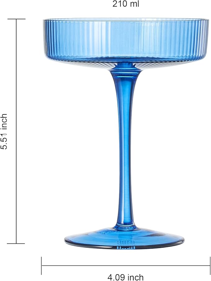 Khen Ribbed Vintage Art Deco Coupe Glasses - Martini, Champagne & Cocktail Ribbed Glasses 8oz | Cute Crystal Glassware Sets - Goblet Stemmed Ripple Glassware, Housewarming Glass, Fall/Holiday 6 Pieces