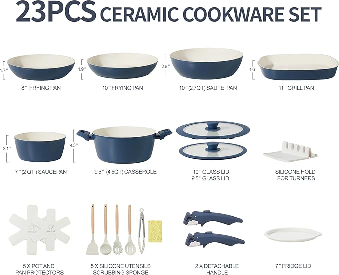 23pcs Ceramic Pots and Pans Set, Nonstick Detachable Handle Cookware, Induction Kitchen Cooking Set with Removable Handle,include Frying Pans & Saucepans Oven Safe(Blue)