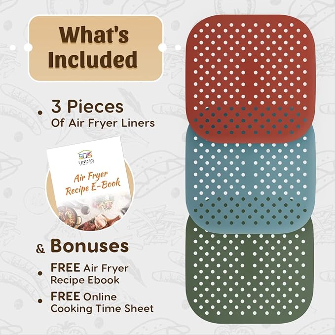 Reusable Square Silicone Air Fryer Liners (8.5 Inch, 3 Pack) by Linda’s Essentials - Non-Stick, Easy-Clean Accessories with Cheat Sheet & Recipe Book, Perfect for Quick Meals