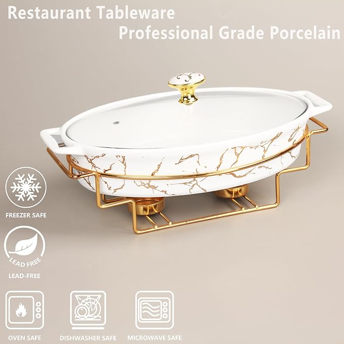 11" x 7" Ceramic Casserole Baking Dish With Glass Cover and with Golden Rack, Lasagna Pan Deep for Oven, 1.3 Quarts Baking Pan with Handles, Oven Safe & Durable Bakeware for Home Decor