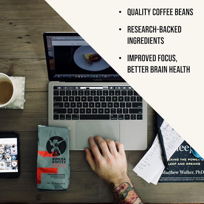 Kimera Koffee - Organic Light Roast Ground Coffee | Focus Blend | Infused with Brain Vitamins | L-theanine | Amplifies Alpha Brain Waves| Enhance Mental Endurance & Awareness | 12oz