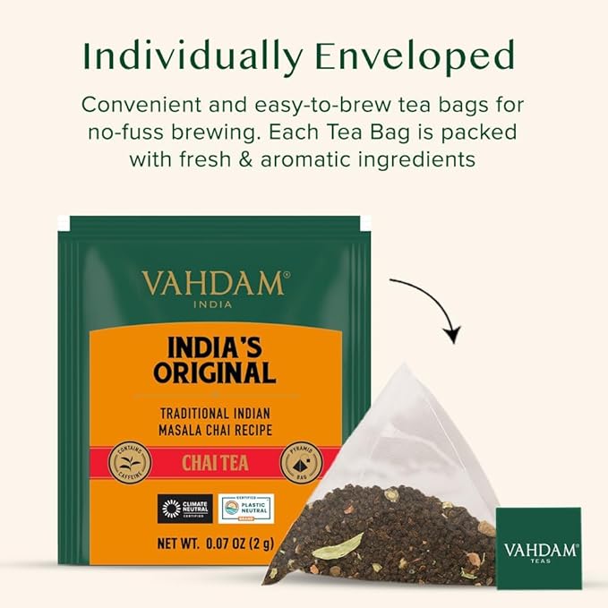 VAHDAM, India's Original Masala Chai Tea (30 Pyramid Tea Bags) Non GMO, Gluten Free, No Artificial Flavors | Blended w/Exotic Spices | Chai Tea Bags | Resealable Ziplock Pouch