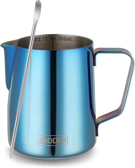 Milk Frothing Pitcher, 12oz Espresso Steaming Pitchers Stainless Steel Cappuccino Coffee Machine Accessories Barista Tools Steam Froth Pitchers Milk Jug Cup with Decorating Pen Latte Art, Blue