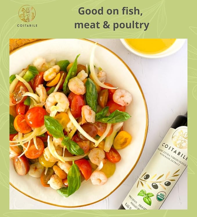 Basil Olive Oil Organic from Puglia, Italy. Basil Infused Extra Virgin Olive Oil from a single source. Perfect for Salad Dressing - COSTABILE 8.45 Fl. Oz.