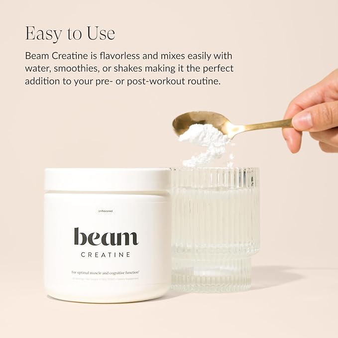 Beam Creatine Monohydrate Powder - Micronized Creatine for Muscle Growth, Strength, Endurance & Recovery - Unflavored, Fast-Dissolving, Workout Supplement for Men & Women, Keto & Vegan - 30 Servings