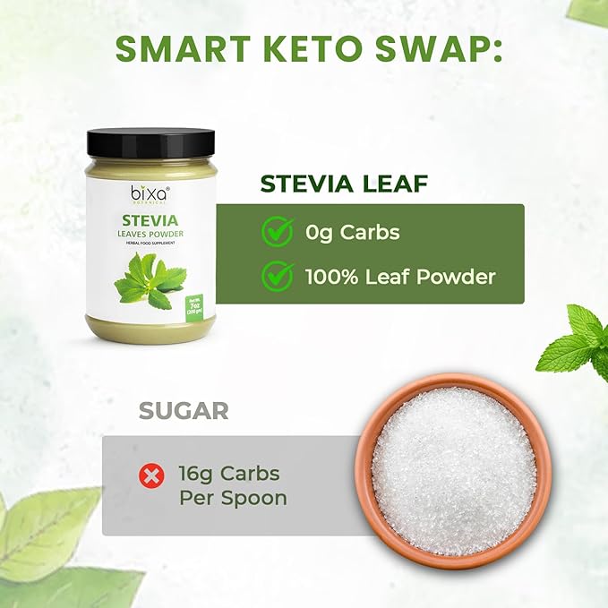 Bixa Botanical Stevia Leaf Powder | Stevia Rebaudiana | 200 GRAMS / 7 OZ | Natural Alternative of Unprocessed Sugar | Gluten Free, Non-GMO, Steam Treated, Vegan, 100% Pure.