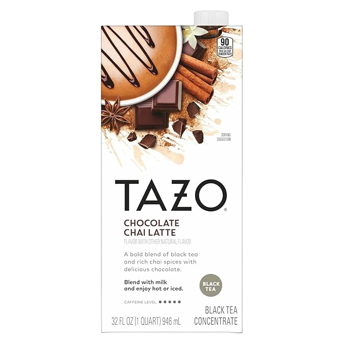 TAZO Tea Concentrate, Chocolate Chai Latte, Strawberry Matcha Latte, Iced Peach Mango 32 Fl Oz (2ea) (Variety Pack)