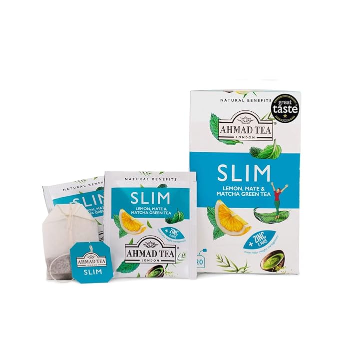 Ahmad Tea Green Tea, Lemon, Mate, & Matcha 'Slim' Natural Benefits Teabags, 20 ct (Pack of 1) - Caffeinated & Sugar-Free