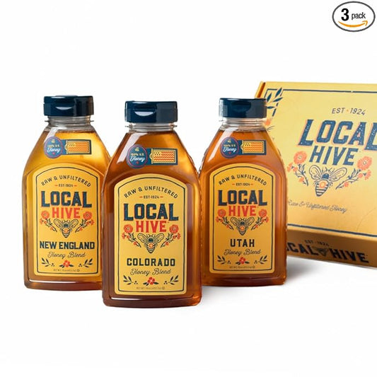 Local Hive Honey Bliss Gift Box – 3 x 16oz Bottles (Utah, Colorado & New England), Raw & Unfiltered, 100% Pure US Honey from American Beekeepers - Natural Sweetener, Ideal for Tea, Baking, and Cooking