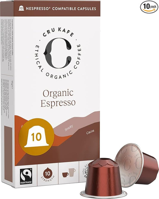 Cru Kafe Strong Espresso USDA Organic Espresso Coffee Capsules (10 Pods) Fairtrade Coffee Pods Compatible with Nespresso Original Line and Pixie Machines
