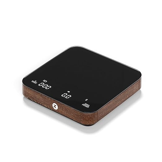 KitchenTour Caf챕Metric Coffee Scale with Timer 0.1g/2000g - Precision Scale for Espresso & Pour Over - Water Flow Speed Mode and Coffee Powder-to-Liquid Ratio Mode - Only Battery, LCD Display-Wood