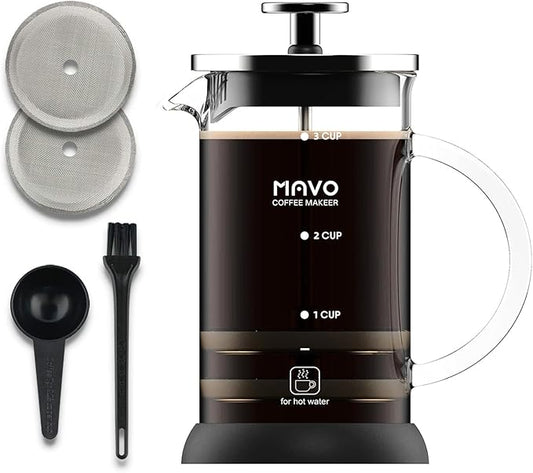 French Press Coffee Maker Stainless Steel Cold Brew Heat Resistant Glass Coffee & Tea Maker with 2 Filter (600ml/20oz)