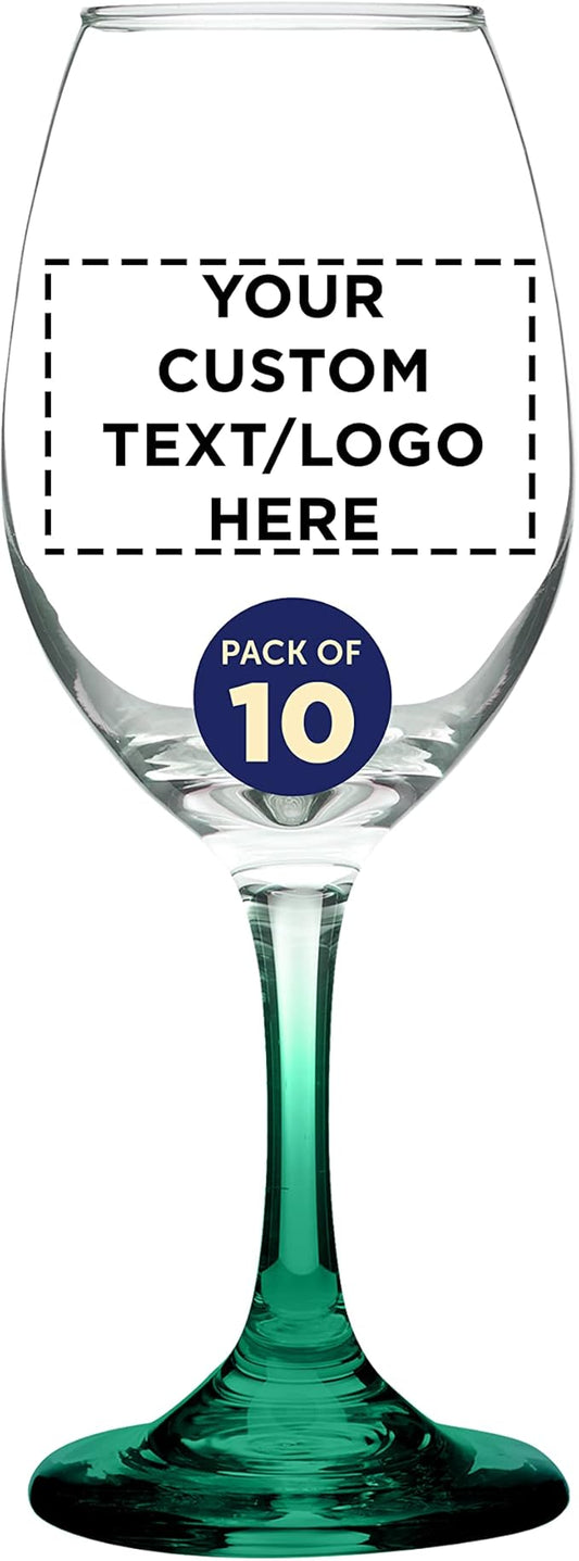 Custom Rioja Wine Glasses with Stem 10 oz. Set of 10, Personalized Bulk Pack - Color Bottom, Perfect for Wedding, Party Favors, Birthday, Bridal Shower Gifts - Green