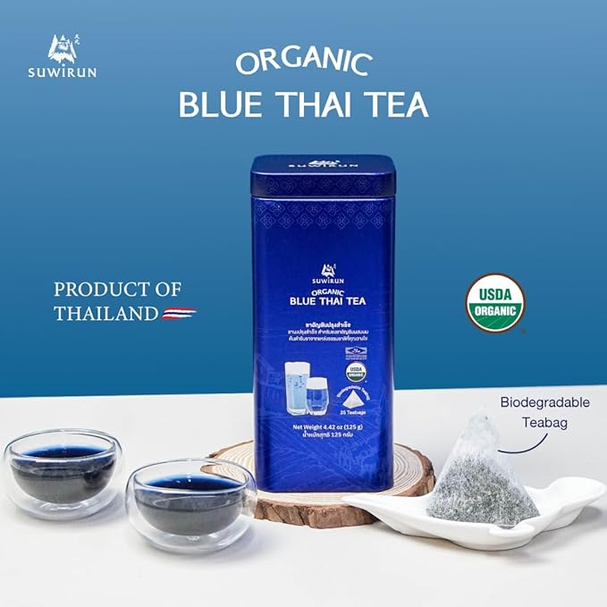 Suwirun Organic Blue Thai Tea 25 Bags ??Naturally Blue Butterfly Pea Tea ??Floral Aroma with Vanilla & Green Tea ??Great for Hot, Iced & Milk Tea