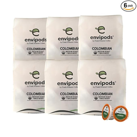 Fresh Roasted Coffee, Organic Colombian envipods | BPI Compostable, USDA Organic, Kosher | Med Roast 72 Count for K Cup Brewers | Not for use in Ninja or Hamilton Beach Brewers