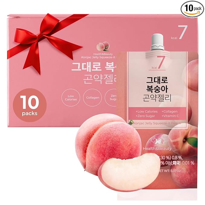 Korean Food Low Calories Squeeze Konjac Jelly, Peach Flavor, Fish Collagen, Vitamin, Zero Sugar, Chewier Texture, Health&Beauty (Net WT 5.07 oz, Pack of 10) ?¨ㅼë¹??»━
