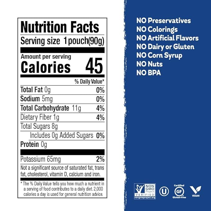 Buddy Fruits Snacks To Go Blueberry Unsweetened Applesauce 3.2oz Pouch (18pk) Gluten-Nut-Dairy-Preservatives-BPA Free, Non GMO, Kosher