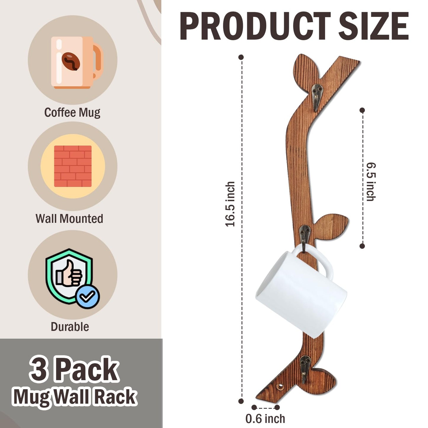 MSHUNKEJI 3 Pack Wood Coffee Mug Wall Rack with 9 Hooks Wall Mount Coffee Cup Holder Wooden
