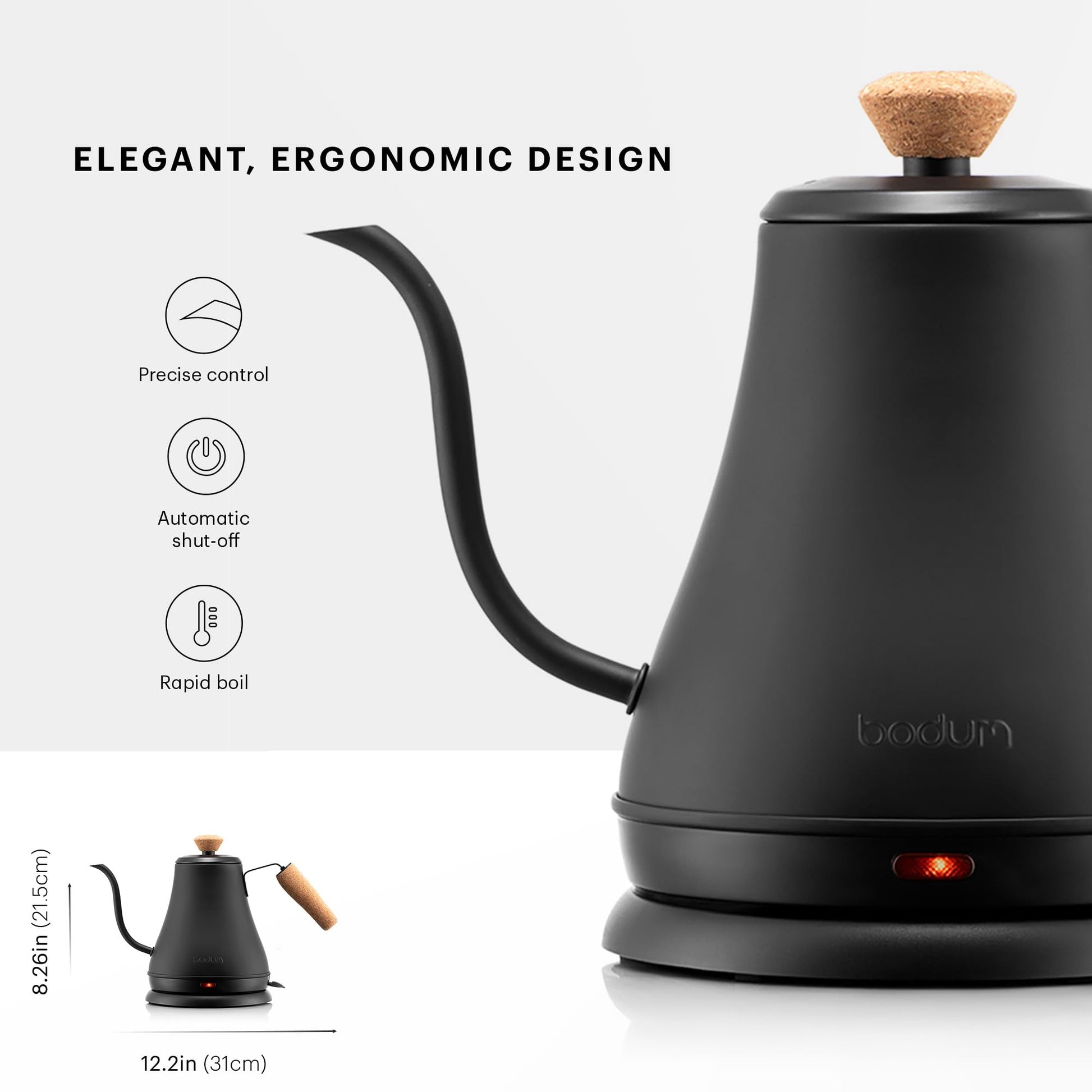 Bodum 27oz Bistro Gooseneck Electric Water Kettle, Pour Over Coffee & Tea, Stainless Steel, Matte